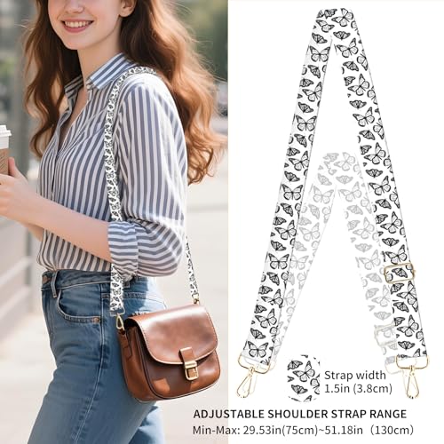 Purse Strap Replacement Crossbody 1.5" Wide Bag Strap, Adjustable Shoulder Straps for Women Handbags - color: Black White Butterfly