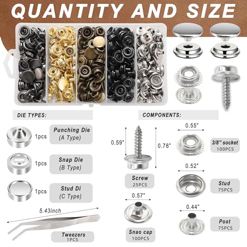 Snap Fastener Tool, Boat Cover Snap Button Kit, 380 PCS Button Snap Kit, 5 Colors of Boat Cover Snaps, 15mm Stainless Steel Canvas Snaps for Repairing Boat Covers, Fabric, Tarps, Canvas, Leather