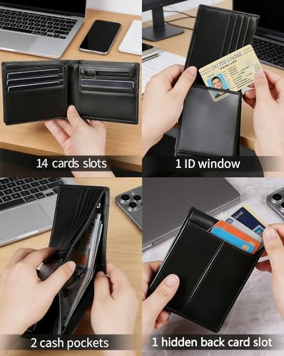 YINGWDA Wallet for Men, Large Capacity Genuine Leather Bifold RFID Blocking Wallet with Coin Pocket, Zipper Pocket Inside,14 Card Slots, Back pocket, ID Window & 2 Cash Pocket (Black) - color: Black B