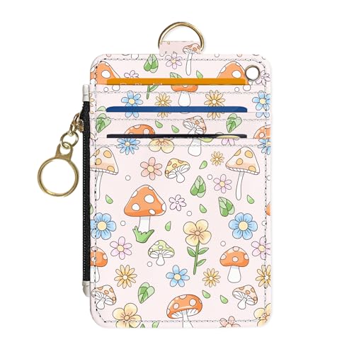 Slim Wallet Credit Card Holder, Mushrooms And Flowers, RFID Wallet Women Cute Small Front Pocket Wallet With Zipper, PU Leather Thin travel RFID Blocking Card Case ID Window,Ladies Gifts - color: Mushrooms And Flowers
