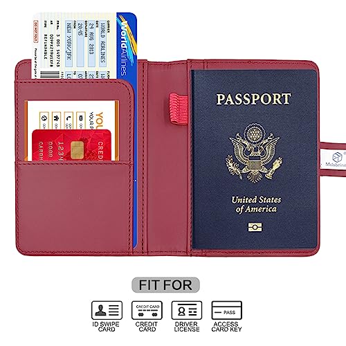 Melsbrinna Premium Leather Passport Holder Covers Case, Waterproof Rfid Blocking Travel Wallet Passport Holder with Pen Holder, Cute Passport Book for Women/Men - color: AT-Wine red