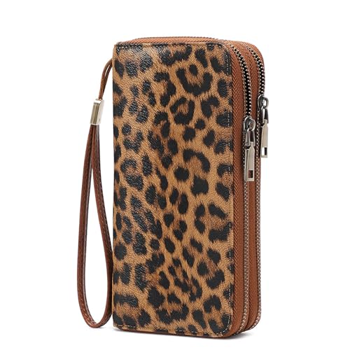 Women Leather Wallet Crossbody Shoulder Bag with Double Zipper and Mobile Phone Purse with Shoulder Strap - color: QB393-Leopard pattern
