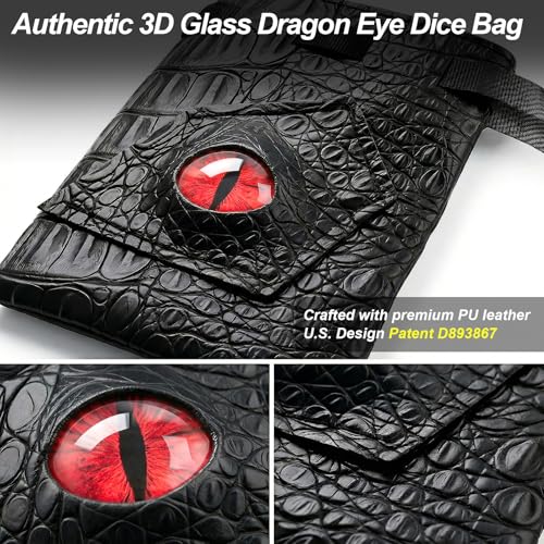 Haxtec Dragon Dice Bag, PU Leather Pouch with 3D Glass Dragon Eye | Drawstring, DND Dice Bag, For Dungeons & Dragons, D&D Gifts for Dragon Gamer and Lovers, Medium, Patent D893867 - color: Red, size: Medium