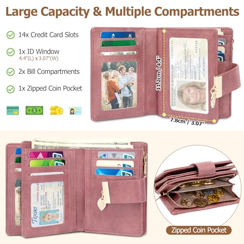 HUANLANG Small Wallets Women RFID Blocking Ladies Wallet with Zipper | Women’s Wallet Credit Card Holder, Leather, ID Window, Zipper Coin Pocket, Bifold,Perfect Gifts,Fits Small Purses,Travel,Pink - color: Pink