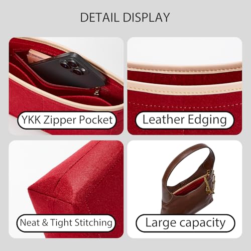 Purse Organizer Insert for Coach Brooklyn 28 Shoulder Bag, Merlot | Brooklyn 28 Bag Insert, Leather Edge, Lightweight Felt Fabric, 4 Compartments Storage, Zipper Pocket, Tote Handbag Dividers - color: Merlot