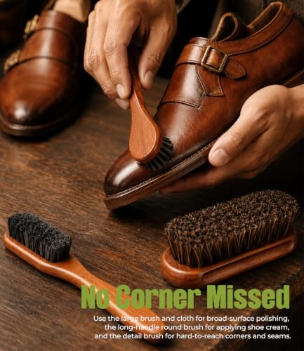 4-Piece Horsehair Shoe Shine Kit, Leather Care Set with Brush | Includes horsehair brushes, detailing brush and microfiber cloth for cleaning and polishing shoes, boots & leather goods