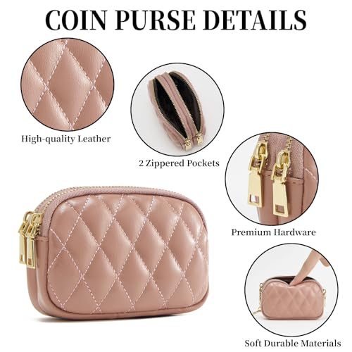 WOZEAH Leather Coin Purse for Women Small 2 Zipper Change Wallet with Key Ring Card Key Coin Cash Holder Pouch(Quilted Purple) - color: Quilted Purple