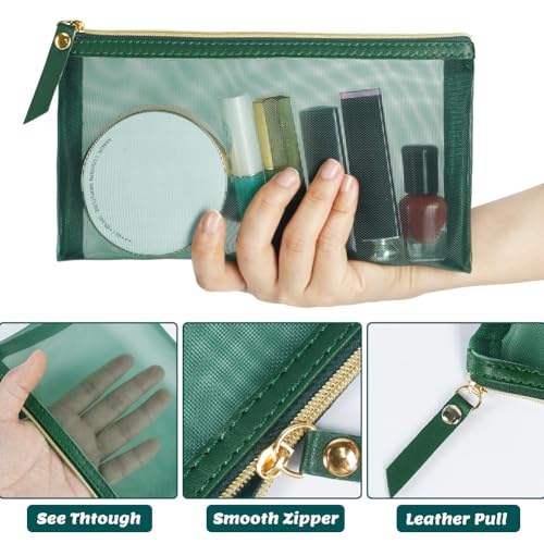 Mesh Cosmetic Bag, 4pcs Nylon Makeup Pouches with Leather Pull and Golden Zipper for Purse Diaper Bag (Emerald Green) - size: Flat