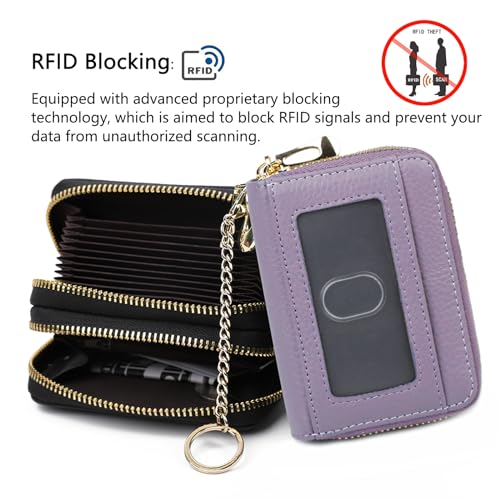 imeetu Rfid Credit Card Holder, Businese Card Case, Wallet for Women Men | Genuine Leather Card Wallet with id Window, Keychain & Double Zipper, Water-resistan Small Wallet with Gift Box, Daily Travel - color: Max - Light Purple