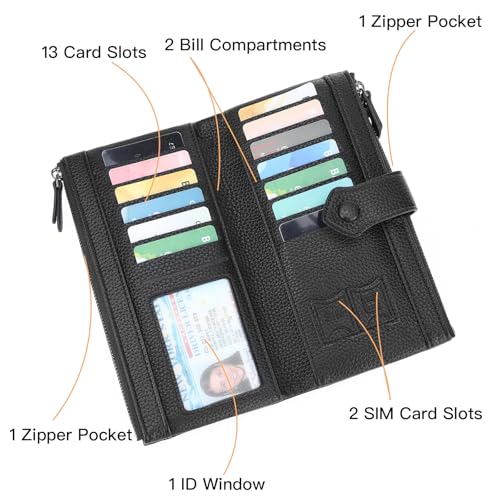 Women Soft Leather Wallets Slim Bifold RFID Blocking Ladies Credit Card Holder Double Zipper Pockets - color: B04 Brown