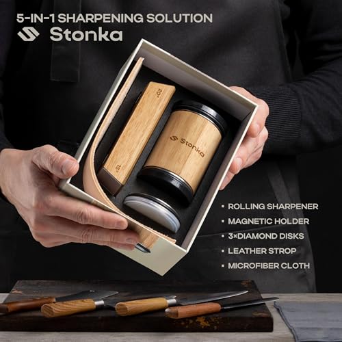 Stonka Oak Rolling Knife Sharpener Kit – Natural Wood, Diamond Wheels, Magnetic Angle Guide 15° & 20°, Leather Strop – Giftable Packaging - color: Oak