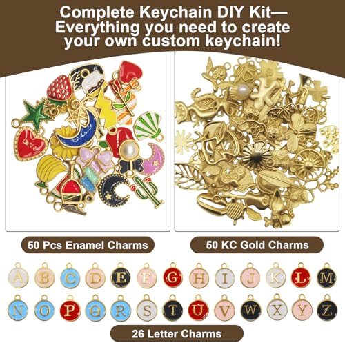 Aucscott Lip Gloss Charms Keychain Making Kit, Make Your Own Keychain Kit for Girls - DIY Jewelry Craft Kits with A-Z Letter Charms for Custom Key Chain Lipgloss Lip Balm Purse Bag Handbag - color: Gold - 263Pcs Kit