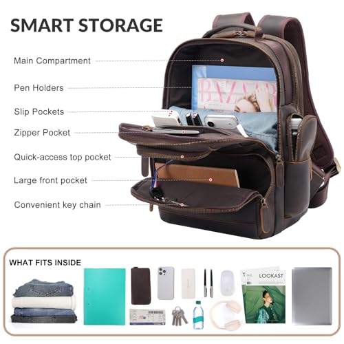 TIDING Men's Leather Backpack 14" & 15.6" Laptop Business Travel Daypack | Thick Sponge Padded Laptop & Tablet Sleeves, Water Bottle Holder, Luggage Strap, Anti-theft Pocket, Large Capacity - color: Dark Brown(fits 14" Laptop)
