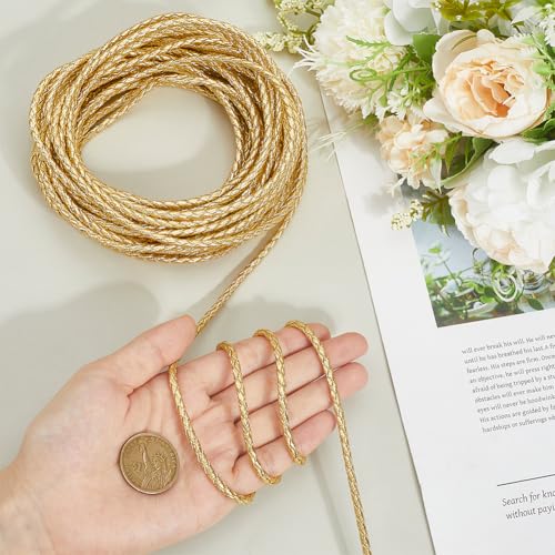 GORGECRAFT 10m PU Braided Leather Cords 4mm Round Leather Strings Gold Bolo Tie Necklace Cords Metallic Braiding Strips Leatherette Rope Beading Threads for Bracelet Choker Jewelry Making DIY Crafts - color: Gold, size: 4mm*10m
