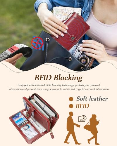 TFKGS Wallet for Women RFID Blocking Leather Large Capacity Card Holder Ladies Phone Clutch Travel Long Purse Wristlet | RFID Blocking - color: 2-Upgrade-Wax-Red