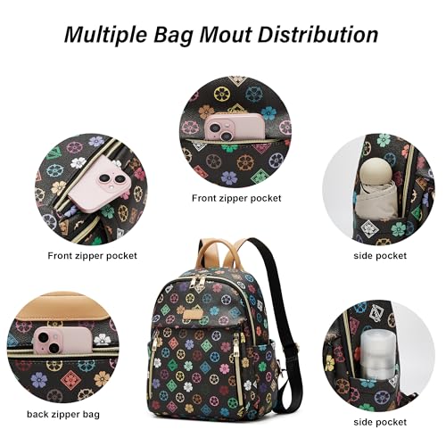 Makes Mini Backpack for Women, Small Casual Backpacks Daily Travel Bag 2pcs | Small Bookbag,Work Travel School PU Leather Shoulder Bag Mochilas Para Mujer Rucksack Gifts for Lady Girls Mother Wife - color: Triblack Flower