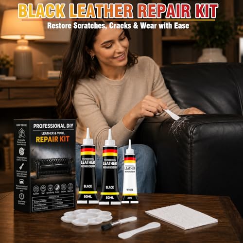 Black Leather Repair Kit, Vinyl Repair Kit Repairs Scratches, Cracks, Holes on Car Interiors, Furniture, Jacket, Sofa, Car Seat, Couch, Purse, Faux, Genuine Leather with Super Easy Instructions