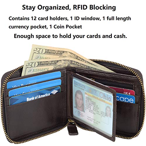 Genuine Leather Zipper Wallet With Coin Pocket, RFID Blocking Zip Around Front Pocket Bifold Wallet, Gift for Men - color: Deep Brown