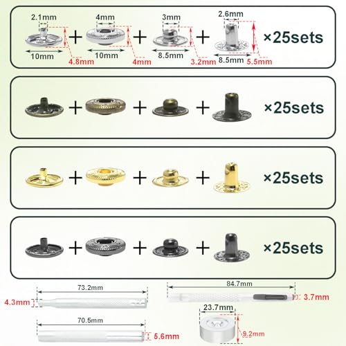 100 Sets Leather Snap Fasteners Kit, 10mm Snaps Button, Metal Snap Buttons Press Studs with 4 Install Tools 4 Colors for Leather Bag Clothes Jackets Jeans Wears Bracelets Fashion DIY Sewing - color: 10mm Cap Dia.Assorted + Tools 100sets