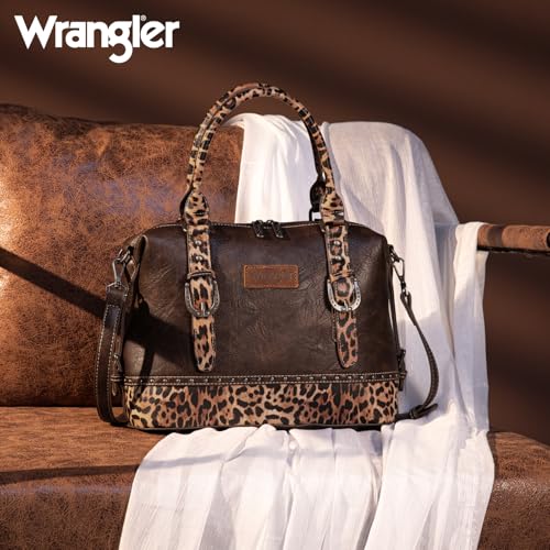 Wrangler 3Pcs Doctor Bag Sets for Women Top-handle Satchel Bag with Cell Phone Handbag and Coin Purse - color: Coffee Leopard
