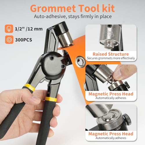 Heavy Duty Grommet Tool Kit with Pliers, 8mm Metal Eyelets Tool Set with Hole Punch, 300pcs Silver Grommets, Leather Canvas Fabric Repair Kit for Tarps, Bags, Crafts, Clothes, DIY Projects (5/16‘’) - size: 5/16‘’