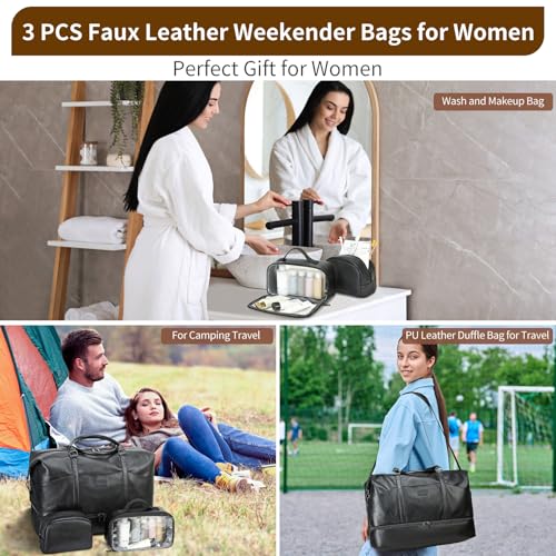 Faux Leather Weekender Bags for Women: Large Overnight Bags Travel Duffel Bag Carry On Shoulder Weekend Tote with Shoe & Laptop Compartment & Toiletry Bags for Airplane Traveling Gym - color: PU-Black