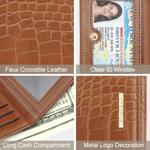 Crocodile Wallets Women Small Luxury Faux Leather Alligator Wallet | Chic RFID Blocking Womens Trifold Credit Card Holder Ladies Mini Purse, Brown Croc - color: Brown