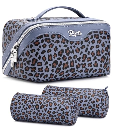 BOYATU Travel Makeup Bags Cosmetic Organizer Bag: 3 Pcs Set Large Capacity Make up Bag with Compartments - Waterproof Leather Toiletry Bags with Handle for Women (B-Light Blue) - color: B-Light Blue