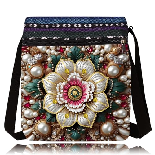 LSQFS DIY Diamond Art Painting Crossbody Bag for Women, Diamond Art Kits for Adults Ethnic Floral Pattern Shoulder Purse with Adjustable Strap & Zipper, Handmade Craft Bag for Shopping Traveling - color: Flower 3