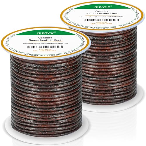 2 Rolls 100% Genuine Round Leather Cord for Jewelry Making & Leather Crafting, 2mm Thin Leather String Lace, Real Leather Rope for Crafts, Bracelets, Necklaces, Hanging, Braiding (Distressed Brown)