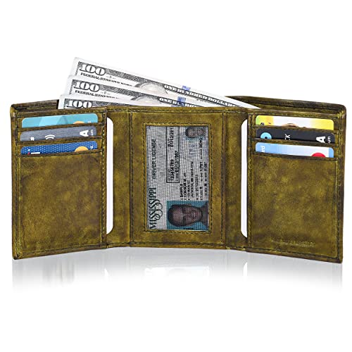 Trifold Leather Wallet for Men - RFID Slim Minimalist Front Pocket 6 Slots - color: Wash Green