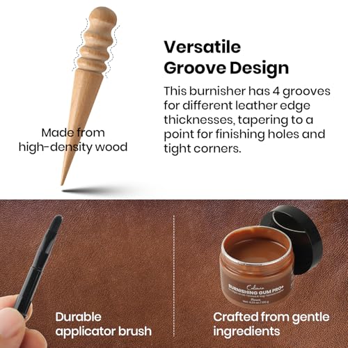 Calvana Brown Burnishing Gum 4.23 oz, Includes Ebony Edge Burnisher and Applicator Brush, for Edges on Oil-Tanned & Veg-Tanned Leather, Burnishing & Polishing, Water-Based - color: Brown