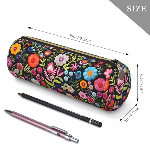 OSAM SPACE Leather Pencil Case Round Pencil Bag Embroidered Flowers Pen Organizer Holder Portable Zipper Pouch Cute School Supplies for Girls Boys Study Office - color: Embroidered Flowers