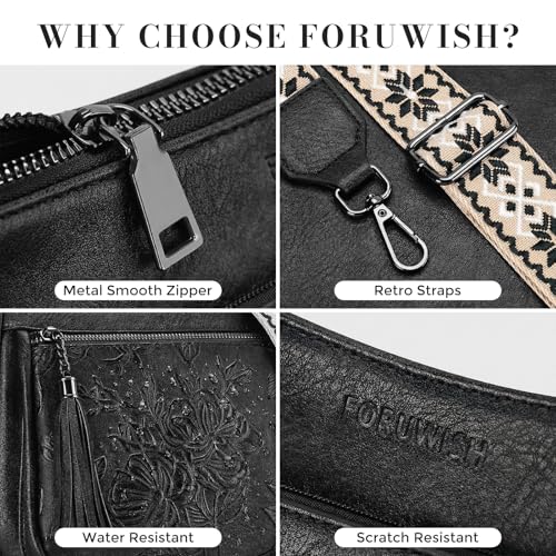Crossbody Bags for Women, Medium Vegan Leather Purses | Large Capacity Multi-Pocket Embossed Shoulder Bag with Boho Strap for Daily Travel - color: Black Silver