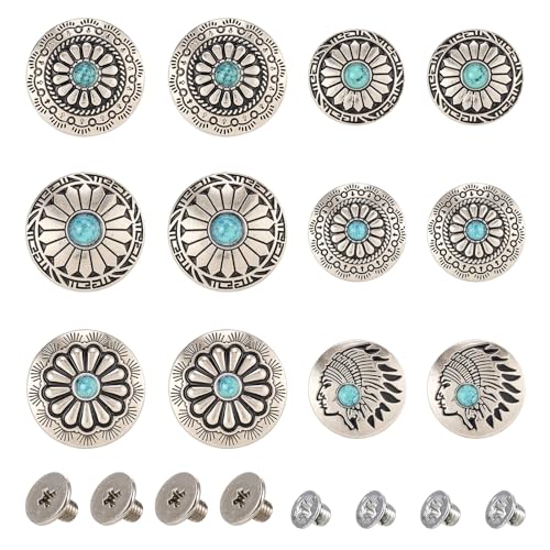 36pcs/12 Sets Flower Decoration Rivets Studs Faux Turquoise Rivets Leather Decorative Conchos Round Vintage Western Style Conchos Metal Rapid Rivet for DIY Shoes Bag Belt - color: #03-Faux Turquoise-12 Sets
