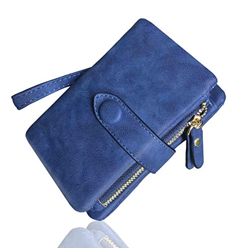 AOXONEL Women's Small Bifold Leather wallet Rfid blocking Ladies Wristlet with Card holder id window Coin Purse - color: Blue