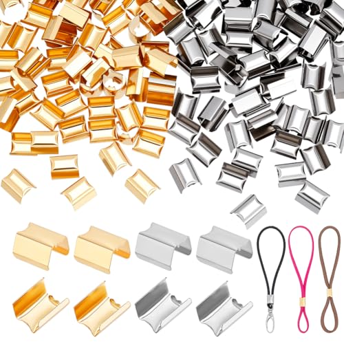 PH PandaHall 220pcs Fold Over End Caps Fasteners Clamps Ribbon Crimp End Caps, Silver Gold Leather Rope Clips for DIY Craft Jute Leather Bracelet Necklace Macrame Tassel, 12x8mm