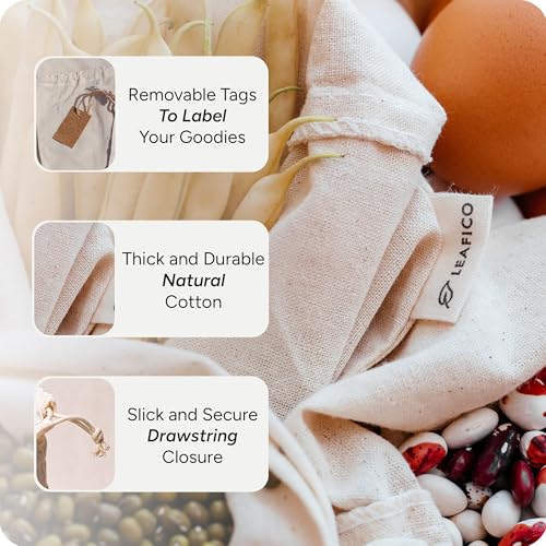 LEAFICO Organic Cotton Produce Bags - Medium 8x10 Inch (12 Bags) - Reusable Muslin Storage Bags with Drawstrings - Biodegradable Canvas Fabric - Perfect for Snacks, Clothes - size: Medium 8x10"