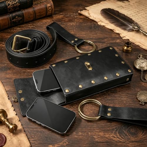 Renaissance Belt Pouch Medieval Pirate Costume Accessories, Golden Black | Viking Faux Leather, Waist Bag with Skirt Hikes, For Cosplay LARP - color: Golden Black