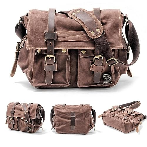 Canvas Messenger Bag, Vintage Genuine Leather Shoulder Bag, Briefcase Crossbody Satchel Purse Laptop Bag Medium | Vintage - color: Coffee
