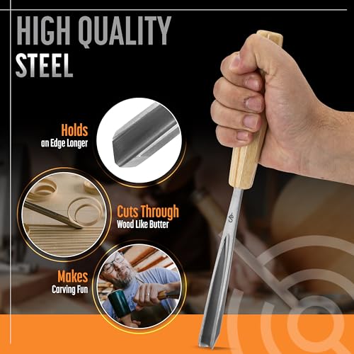 7-pc Wood Chisel Set with Gouges, Cr-V 60 Steel | Full size carving chisels for sculpture and relief carving, ergonomic handles, canvas tool roll, beginner tutorial included - color: Natural Wood