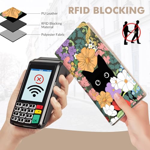 Womens Wallet, Rfid Wallets for Women,Slim Thin Credit Card Holder Organizer Purse,PU Leather Cute Long Bifold Clutch Cash Wallet with Zipper Coin Pocket,Ladies Gift,Flowers and Cats 1 - color: Flowers and Cats 1
