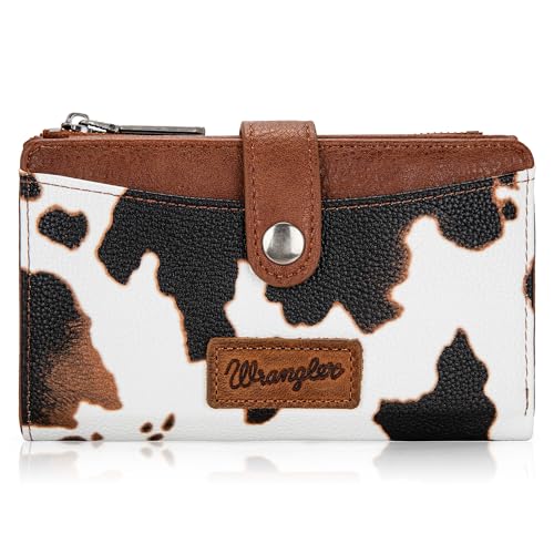Wrangler Wallet for Women Bifold Card Holder with Zipper and ID Window - color: Cow Print - Brown
