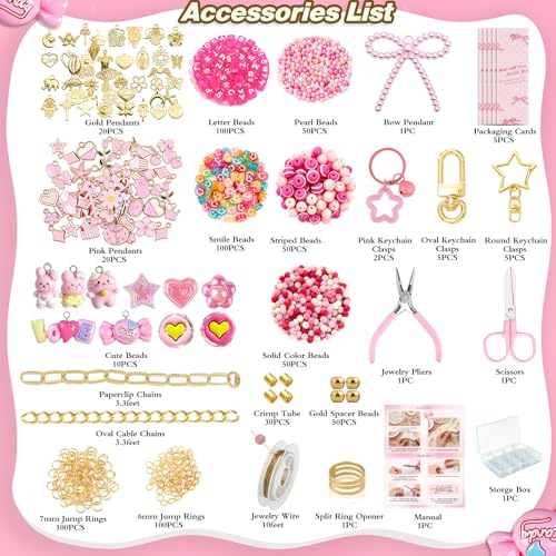 Ecoofor 707 Pcs Lip Gloss Beaded Keychain Making Kits, Pink DIY Bag Charm Kit, 78.8 Inch Chains, Key Chain Hooks, Jump Rings, Lobster Clasps, 452 Charms & Letter Beads, Tools & Gift Bags - color: Gold-707Pcs Kit