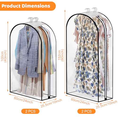 Dntorx 4 Pack Clear Garment Bags, 40/60 Inch, 10" Gusset, Side Zipper | Peva Material, Transparent Design, Dust Protection, Fits Suits Dresses Jackets, Closet Or Travel Use - size: 40in*2+60in*2