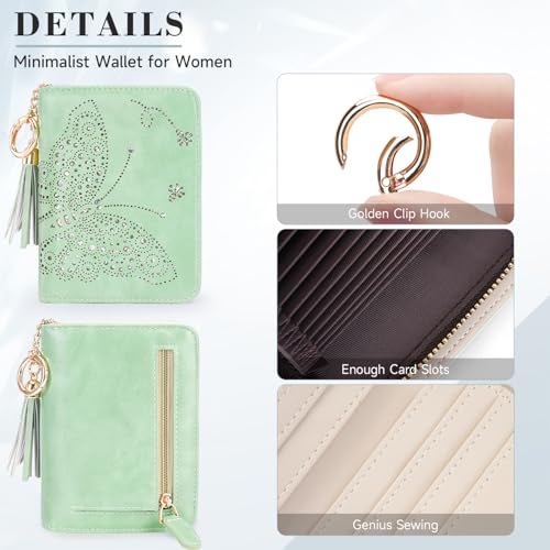 KITEVIUN Women RFID Blocking Small Bifold Wallet, Compact Cash Clutch with Zipper Coin Pocket, Glittery Butterfly Design, Credit Card Holder, Travel Purse with Tassel PEPPERMINT-GREEN - color: 01-PEPPERMINT-GREEN