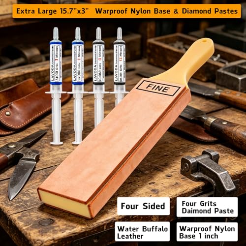4-Sided Leather Strop with Diamond Polishing Compound, Extra Large 15.7"x3", Thickened Water Buffalo, Stropping Kit for Chef's Knife Sharpening and Woodworking-Chisel/Plane Honing Mirror Edge