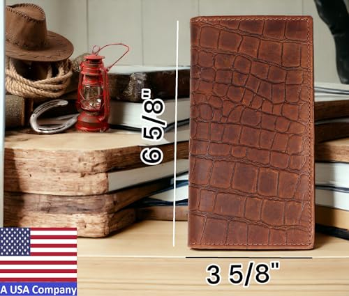 F&L CLASSIC Men's RFID Vintage Look Genuine Leather Long Bifold Wallet Checkbook Wallets,Crocodile style brown,240-70 - color: Crocodile style brown