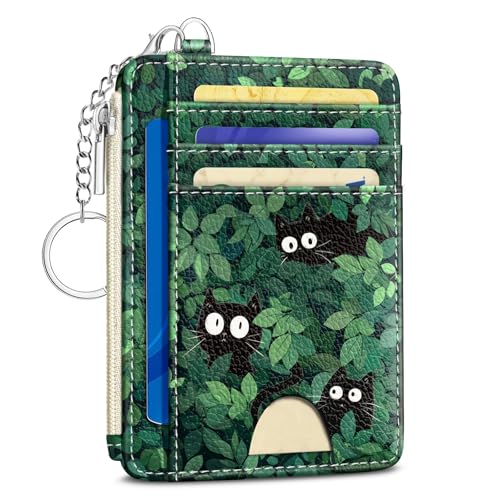 Kelvoris Credit Card Holder Small Wallet Women, Slim RFID, Black Cat Leave | Keychain, Zipper Coin Pocket, Front Pocket Thin Travel Card Case, Minimalist, 6 Card Slots, 1 ID Window, Ladies Gifts Woman - color: Cat