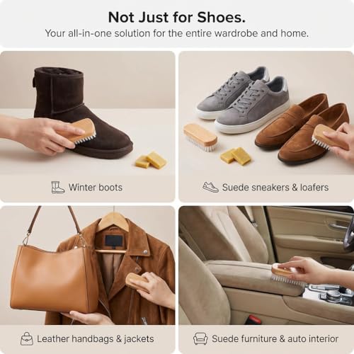 3Pcs Professional Suede Shoe Cleaner Kit, Wooden Suede Brush & Stain Eraser Set with Crepe Cleaning Pad, Nubuck Leather Care Tool for Winter Boots, Sneakers, Bags and Furniture
